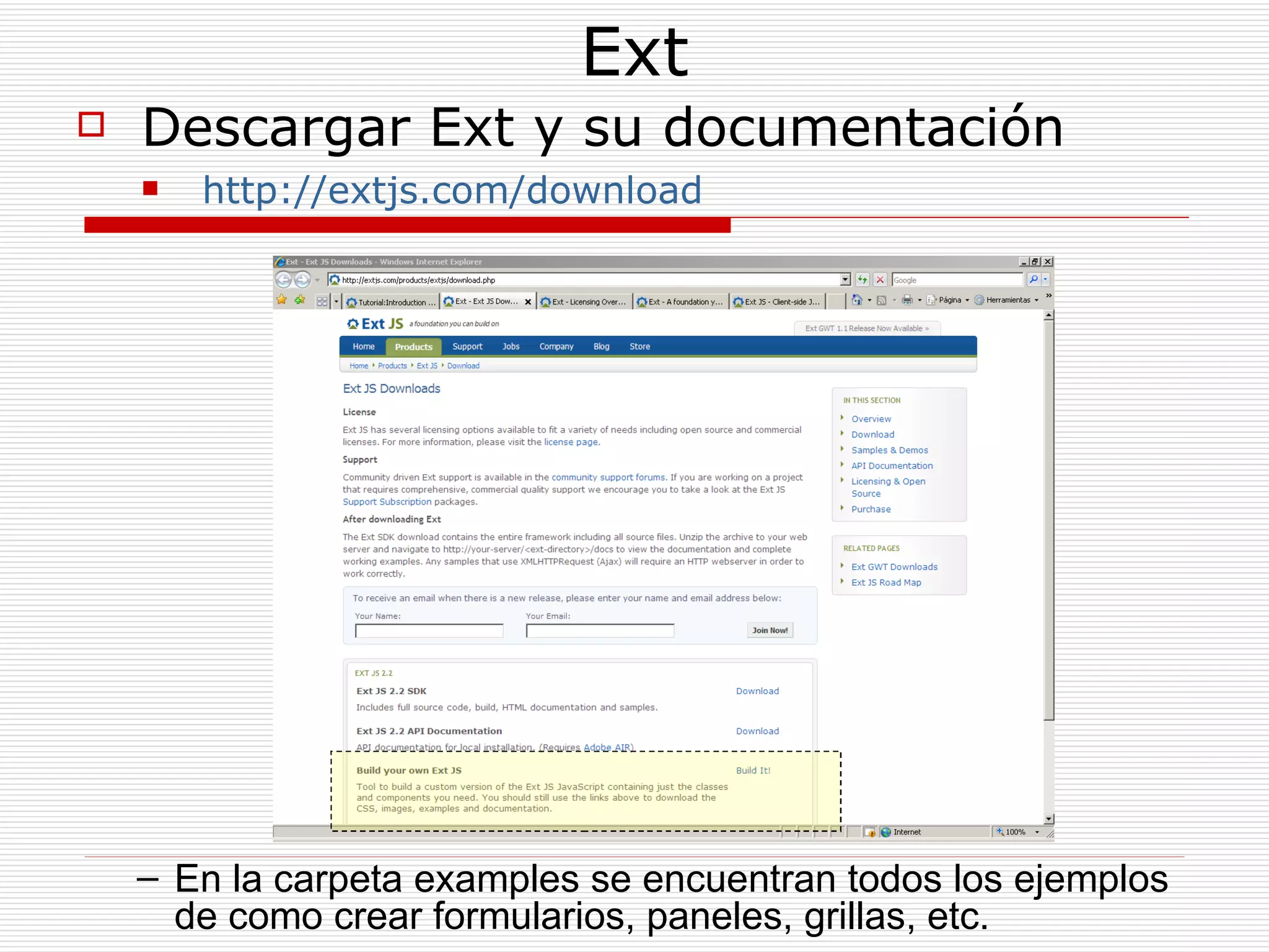 Ext Descargar Ext y su documentación http://extjs.com/download En la carpeta examples se encuentran todos los ejemplos de como crear formularios, paneles, grillas, etc. 