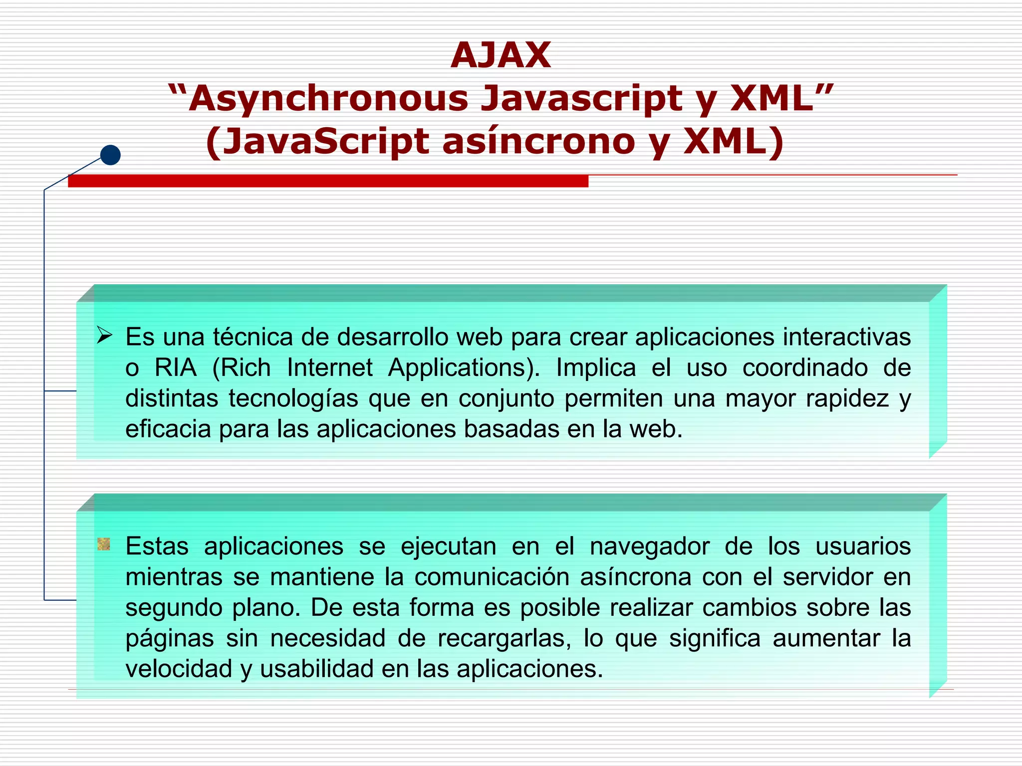 AJAX “Asynchronous Javascript y XML” (JavaScript asíncrono y XML)  Es una técnica de desarrollo web para crear aplicaciones interactivas o RIA (Rich Internet Applications).  Implica el uso coordinado de distintas tecnologías que en conjunto permiten una mayor rapidez y eficacia para las aplicaciones basadas en la web. Estas aplicaciones se ejecutan en el navegador de los usuarios mientras se mantiene la comunicación asíncrona con el servidor en segundo plano. De esta forma es posible realizar cambios sobre las páginas sin necesidad de recargarlas, lo que significa aumentar la velocidad y usabilidad en las aplicaciones. 