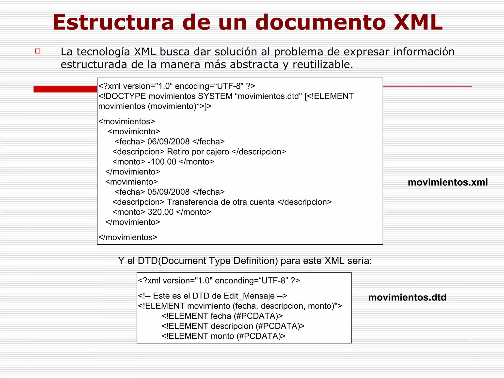 Estructura de un documento XML   La tecnología XML busca dar solución al problema de expresar información estructurada de la manera más abstracta y reutilizable.  <?xml version="1.0“ encoding=“UTF-8” ?> <!DOCTYPE movimientos SYSTEM “movimientos.dtd" [<!ELEMENT movimientos ( movimiento )*>]>  <movimientos>   <movimiento>   <fecha> 06/09/2008 </fecha>   <descripcion> Retiro por cajero </descripcion>   <monto> -100.00 </monto>   </movimiento>   <movimiento>   <fecha> 05/09/2008 </fecha>   <descripcion> Transferencia de otra cuenta </descripcion>   <monto> 320.00 </monto>   </movimiento> </movimientos> Y el DTD(Document Type Definition) para este XML sería: <?xml version="1.0" enconding=“UTF-8” ?> <!-- Este es el DTD de Edit_Mensaje --> <!ELEMENT movimiento (fecha, descripcion, monto)*>    <!ELEMENT fecha (#PCDATA)>   <!ELEMENT descripcion (#PCDATA)>    <!ELEMENT monto (#PCDATA)>  movimientos.xml movimientos.dtd 