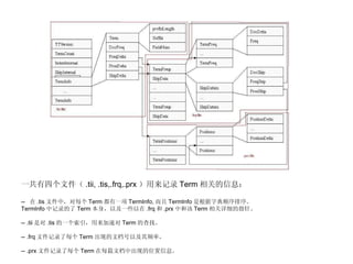 一共有四个文件（ .tii, .tis,.frq,.prx ）用来记录 Term 相关的信息： --  在 .tis 文件中，对每个 Term 都有一项 TermInfo, 而且 TermInfo 是根据字典顺序排序。 TermInfo 中记录的了 Term 本身，以及一些以在 .frq 和 .prx 中和该 Term 相关详细的指针。 -- .tii 是对 .tis 的一个索引，用来加速对 Term 的查找。 -- .frq 文件记录了每个 Term 出现的文档号以及其频率， -- .prx 文件记录了每个 Term 在每篇文档中出现的位置信息。  