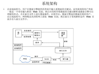 系统架构 在前端流程中，用户在搜索引擎提供的界面中输入要搜索的关键词，这里提到的用户界面一般是一个带有输入框的  Web  页面，然后应用程序将搜索的关键词解析成搜索引擎可以理解的形式，并在索引文件上进行搜索操作。在排序后，搜索引擎返回搜索结果给用户。在后端流程中，网络爬虫从因特网上获取  Web  页面，然后索引子系统解析这些  Web  页面并存入索引文件中。 