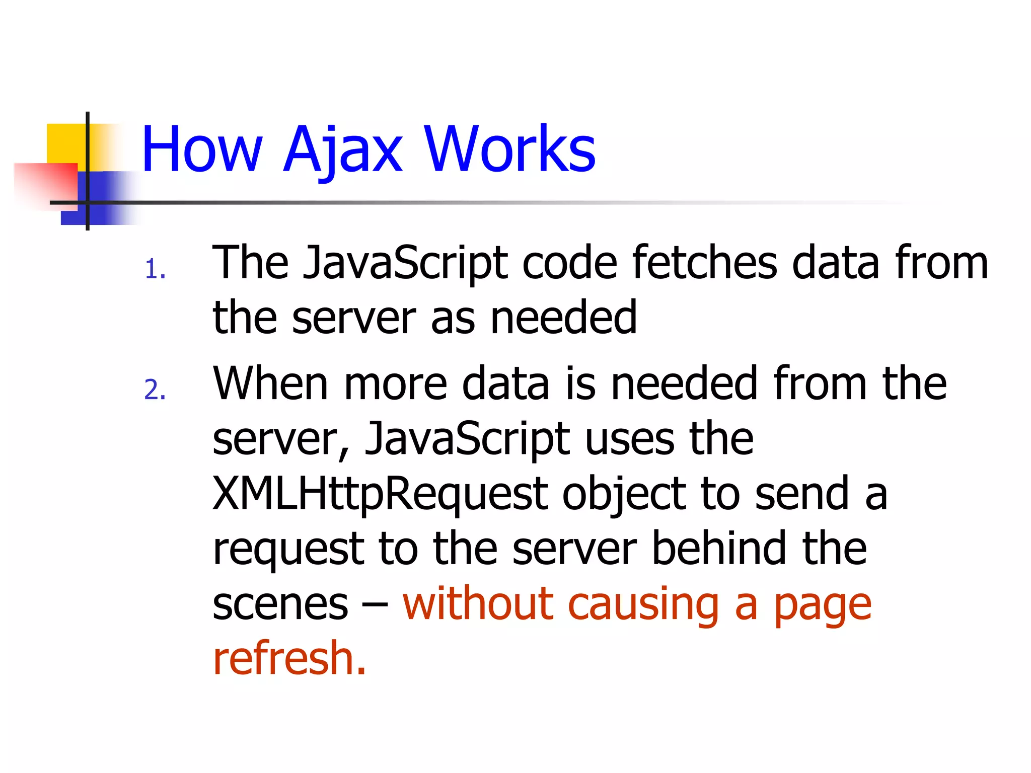 How Ajax Works
1. The JavaScript code fetches data from
the server as needed
2. When more data is needed from the
server, JavaScript uses the
XMLHttpRequest object to send a
request to the server behind the
scenes – without causing a page
refresh.
 