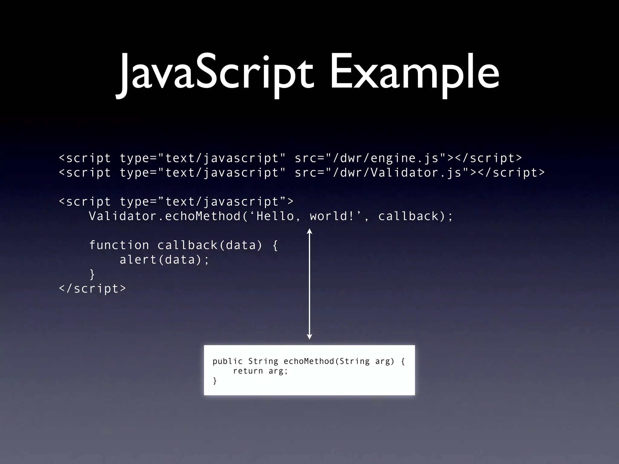 JavaScript Example
<script type="text/javascript" src="/dwr/engine.js"></script>
<script type="text/javascript" src="/dwr/Validator.js"></script>

<script type=”text/javascript”>
    Validator.echoMethod(‘Hello, world!’, callback);

    function callback(data) {
        alert(data);
    }
</script>




                    public String echoMethod(String arg) {
                        return arg;
                    }
 
