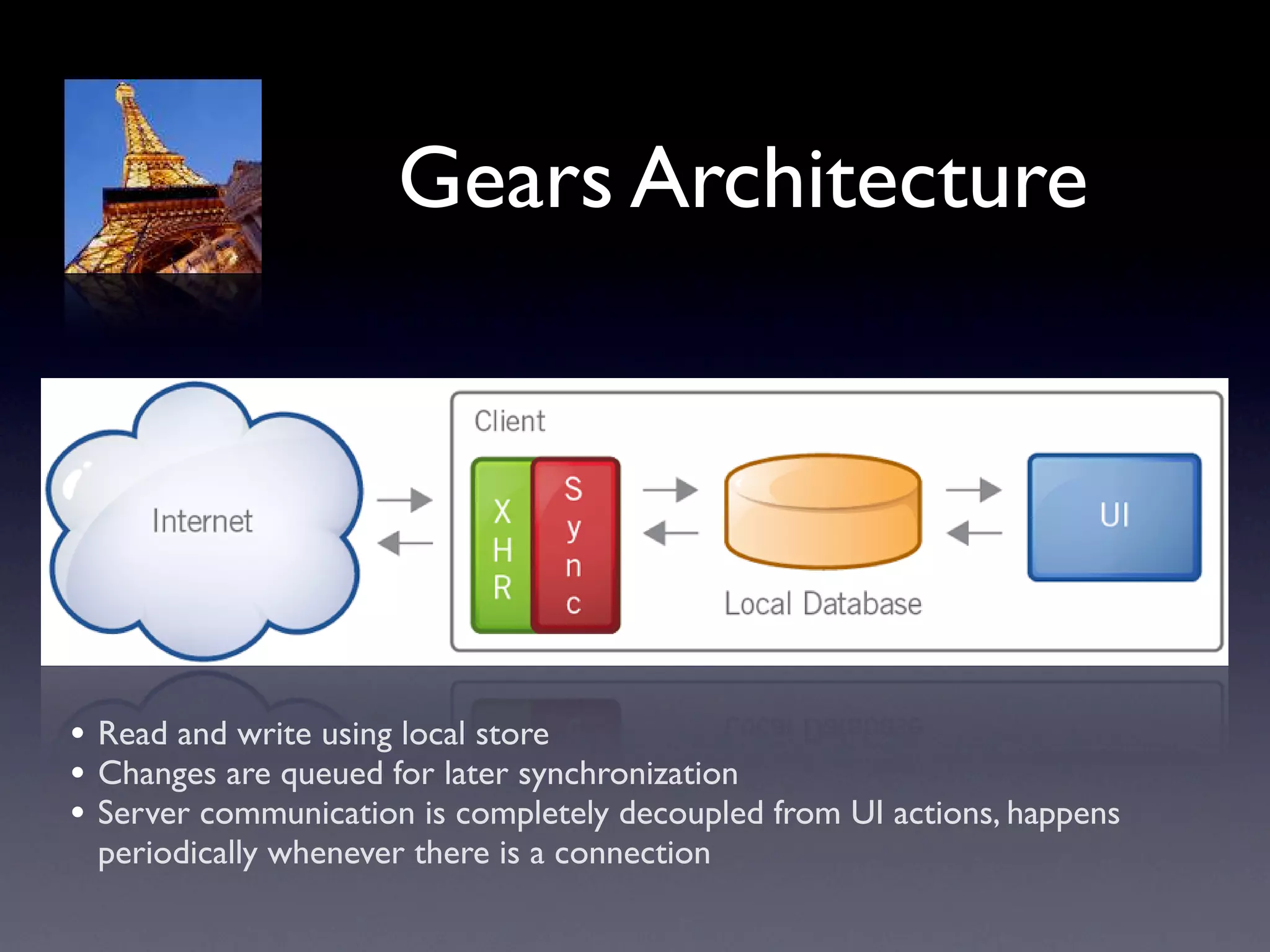 Gears Architecture




• Read and write using local store
• Changes are queued for later synchronization
• Server communication is completely decoupled from UI actions, happens
 periodically whenever there is a connection
 