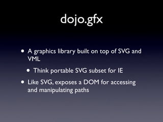 dojo.gfx

• A graphics library built on top of SVG and
  VML
  • Think portable SVG subset for IE
• Like SVG, exposes a DOM for accessing
  and manipulating paths
 