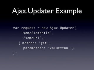 Ajax.Updater Example

var request = new Ajax.Updater(
    ‘someElementId’,
    ‘/someUrl’,
   { method: ‘get’,
     parameters: ‘value=foo’ }
);
 
