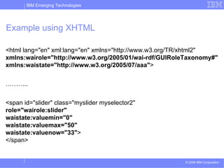 Example using XHTML <html lang=&quot;en&quot; xml:lang=&quot;en&quot; xmlns=&quot;http://www.w3.org/TR/xhtml2&quot; xmlns:wairole=&quot;http://www.w3.org/2005/01/wai-rdf/GUIRoleTaxonomy#&quot; xmlns:waistate=&quot;http://www.w3.org/2005/07/aaa&quot; > ……… .. <span id=&quot;slider&quot; class=&quot;myslider myselector2&quot; role=&quot;wairole:slider&quot; waistate:valuemin=&quot;0&quot; waistate:valuemax=&quot;50&quot; waistate:valuenow=&quot;33&quot; > </span> 