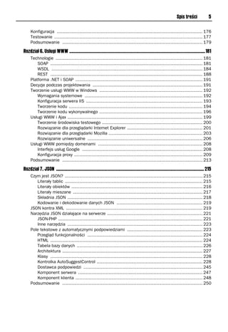 Spis treści               5

     Konfiguracja .............................................................................................................. 176
     Testowanie ................................................................................................................ 177
     Podsumowanie .......................................................................................................... 179

Rozdział 6. Usługi WWW ...........................................................................................................................181
     Technologie ............................................................................................................... 181
         SOAP ................................................................................................................... 181
         WSDL .................................................................................................................. 184
         REST ................................................................................................................... 188
     Platforma .NET i SOAP ................................................................................................ 191
     Decyzje podczas projektowania ................................................................................... 191
     Tworzenie usługi WWW w Windows .............................................................................. 192
         Wymagania systemowe ......................................................................................... 192
         Konfiguracja serwera IIS ........................................................................................ 193
         Tworzenie kodu ..................................................................................................... 194
         Tworzenie kodu wykonywalnego .............................................................................. 196
     Usługi WWW i Ajax ...................................................................................................... 199
         Tworzenie środowiska testowego ............................................................................ 200
         Rozwiązanie dla przeglądarki Internet Explorer ......................................................... 201
         Rozwiązanie dla przeglądarki Mozilla ....................................................................... 203
         Rozwiązanie uniwersalne ....................................................................................... 206
     Usługi WWW pomiędzy domenami ............................................................................... 208
         Interfejs usług Google ........................................................................................... 208
         Konfiguracja proxy ................................................................................................. 209
     Podsumowanie .......................................................................................................... 213

Rozdział 7. JSON ...................................................................................................................................... 215
     Czym jest JSON? ........................................................................................................ 215
        Literały tablic ........................................................................................................ 215
        Literały obiektów ................................................................................................... 216
        Literały mieszane .................................................................................................. 217
        Składnia JSON ...................................................................................................... 218
        Kodowanie i dekodowanie danych JSON ................................................................. 219
     JSON kontra XML ....................................................................................................... 219
     Narzędzia JSON działające na serwerze ........................................................................ 221
        JSON-PHP ............................................................................................................. 221
        Inne narzędzia ...................................................................................................... 223
     Pole tekstowe z automatycznymi podpowiedziami ......................................................... 223
        Przegląd funkcjonalności ....................................................................................... 224
        HTML ................................................................................................................... 224
        Tabela bazy danych ............................................................................................... 226
        Architektura .......................................................................................................... 227
        Klasy ................................................................................................................... 228
        Kontrolka AutoSuggestControl ................................................................................ 228
        Dostawca podpowiedzi .......................................................................................... 245
        Komponent serwera .............................................................................................. 247
        Komponent klienta ................................................................................................ 248
     Podsumowanie .......................................................................................................... 250
 