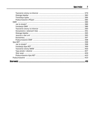 Spis treści               7

         Tworzenie strony na kliencie .................................................................................. 379
         Obsługa błędów .................................................................................................... 382
         Translacja typów ................................................................................................... 384
         Podsumowanie JPSpan .......................................................................................... 385
     DWR ......................................................................................................................... 386
         Jak to działa? ....................................................................................................... 386
         Instalacja DWR ..................................................................................................... 386
         Tworzenie strony na kliencie .................................................................................. 390
         Korzystanie z własnych klas ................................................................................... 391
         Obsługa błędów .................................................................................................... 395
         Jeszcze o dwr.xml ................................................................................................. 395
         Konwertery ........................................................................................................... 397
         Podsumowanie DWR ............................................................................................. 398
     Ajax.NET .................................................................................................................... 398
         Jak to działa? ....................................................................................................... 398
         Instalacja Ajax.NET ................................................................................................ 399
         Tworzenie strony WWW .......................................................................................... 400
         Typy proste i złożone ............................................................................................. 407
         Stan sesji ............................................................................................................. 409
         Podsumowanie Ajax.NET ........................................................................................ 410
     Podsumowanie .......................................................................................................... 410

Skorowidz ................................................................................................................................................ 413
 