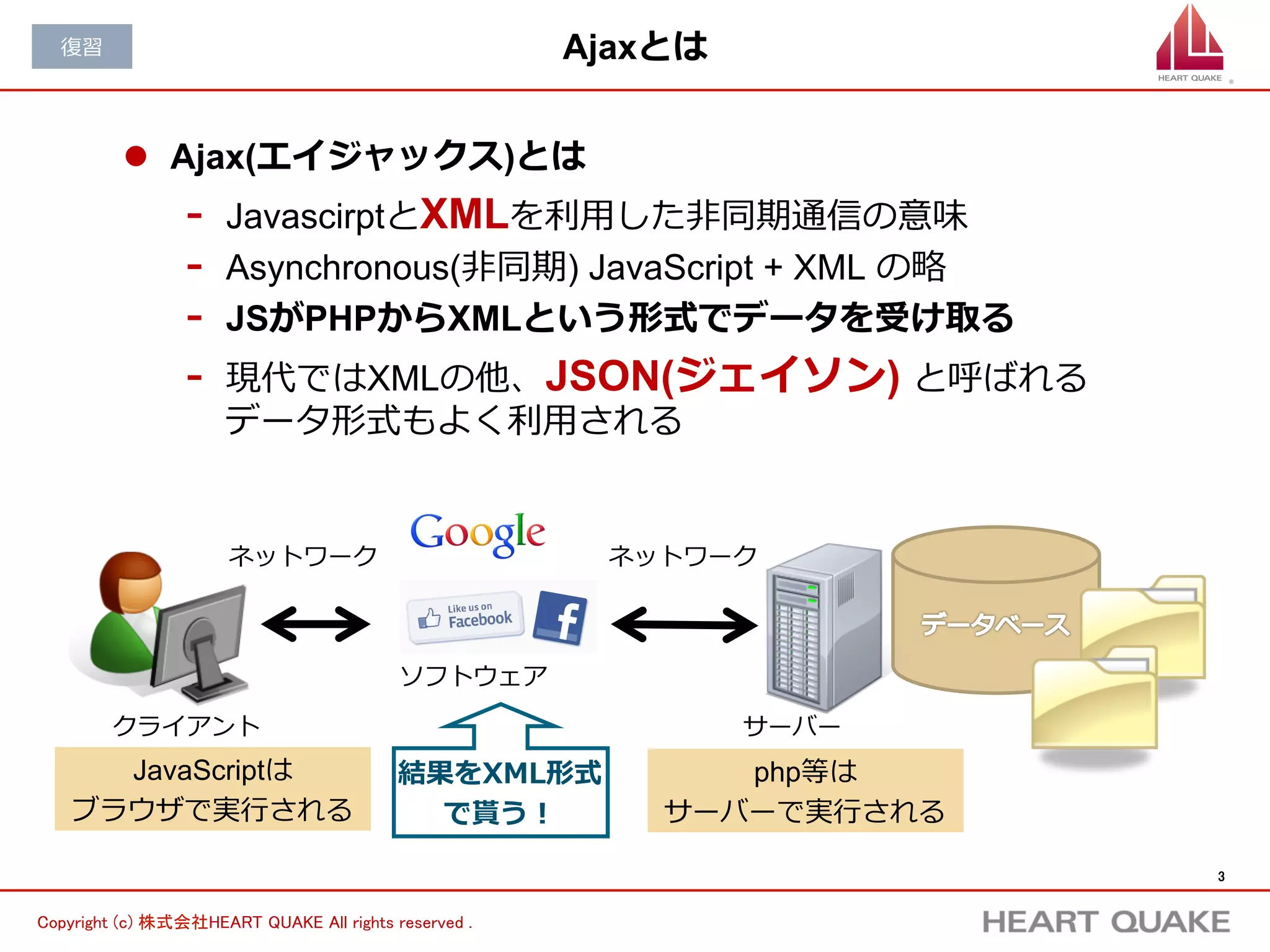 3	
Copyright (c) 株式会社HEART QUAKE All rights reserved .	
XML(1/2)
l  XML
-  EXtensible Markup Languageの略略
ü extensible: 『拡張可能な』の意
ü HTMLはタグの意味があらかじめ決められているが、
（例例：h2、table、img） 　 　 　 　 　 　 　 　 　 　 　 　XMLは
タグを独⾃自に創ることができる
ü XMLはツリー構造で表せる
-  次のURLをブラウザで表⽰示してみよう！
-  http://bjin.me/api/?type=rand&count=5&format=xml
-  5⼈人の美⼥女女の情報をxml形式で下さいという意味
-  「美⼥女女画像検索索API」より
»  http://ma8.mashupaward.jp/apis/73
 