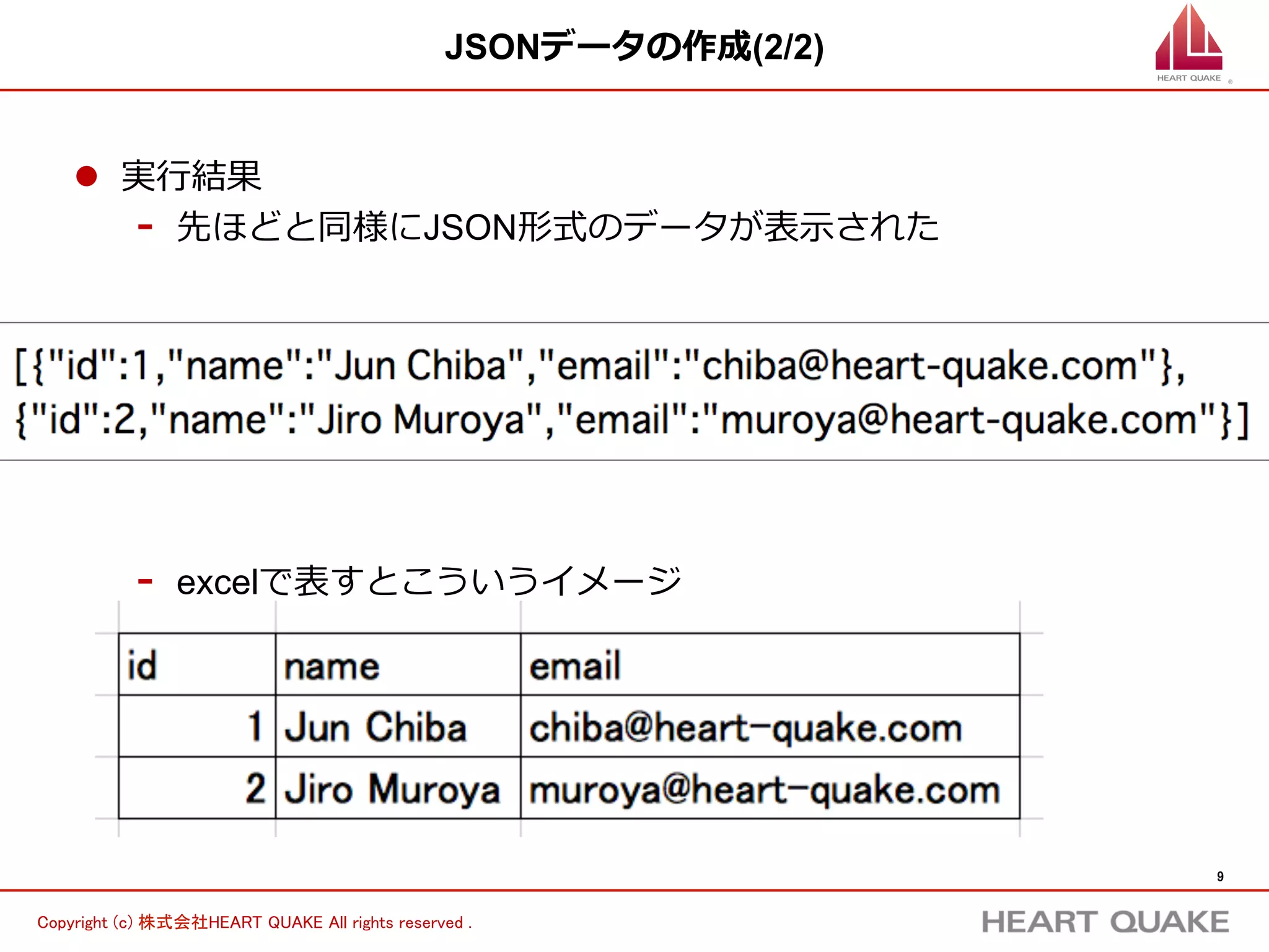 9	
Copyright (c) 株式会社HEART QUAKE All rights reserved .	
JSONデータの受け取り(1/2)
l  JQueryでJSONを受け取る
-  受け取ったデータを表⽰示する  (HTML側)
<script type="text/javascript" src="jquery.js"></script>
<script>
$(document).ready( function() {
$("button").click(function(){
$.getJSON(
"return_json.php",
function(json){
alert(”0人目の名前: ” + json[0][”name”]);
}
);
});
});
</script>
</head><body>
<button>情報取得！</button>以下省略
phpから取得できたJSONデータが
jsonに⼊入ってるから
1⾏行行⽬目 = プログラムでは0⾏行行⽬目
のnameの列列を表⽰示して！
 