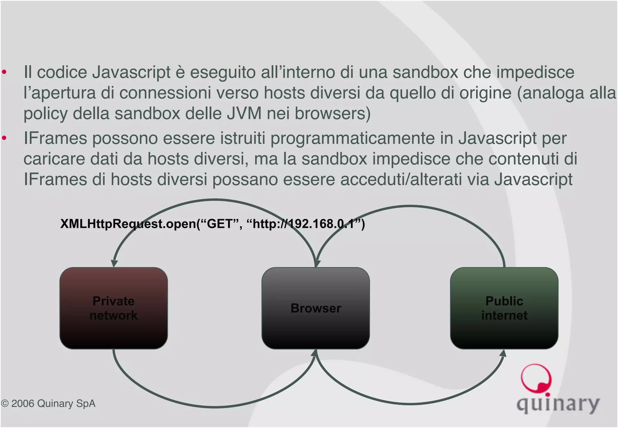 © 2006 Quinary SpA
• Il codice Javascript è eseguito all’interno di una sandbox che impedisce
l’apertura di connessioni verso hosts diversi da quello di origine (analoga alla
policy della sandbox delle JVM nei browsers)
• IFrames possono essere istruiti programmaticamente in Javascript per
caricare dati da hosts diversi, ma la sandbox impedisce che contenuti di
IFrames di hosts diversi possano essere acceduti/alterati via Javascript
Private
network
Browser
Public
internet
XMLHttpRequest.open(“GET”, “http://192.168.0.1”)
 