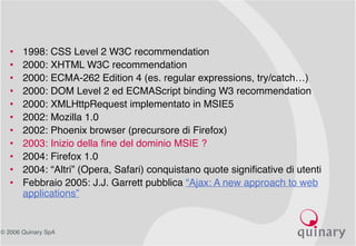 © 2006 Quinary SpA
• 1998: CSS Level 2 W3C recommendation
• 2000: XHTML W3C recommendation
• 2000: ECMA-262 Edition 4 (es. regular expressions, try/catch…)
• 2000: DOM Level 2 ed ECMAScript binding W3 recommendation
• 2000: XMLHttpRequest implementato in MSIE5
• 2002: Mozilla 1.0
• 2002: Phoenix browser (precursore di Firefox)
• 2003: Inizio della fine del dominio MSIE ?
• 2004: Firefox 1.0
• 2004: “Altri” (Opera, Safari) conquistano quote significative di utenti
• Febbraio 2005: J.J. Garrett pubblica “Ajax: A new approach to web
applications”
 
