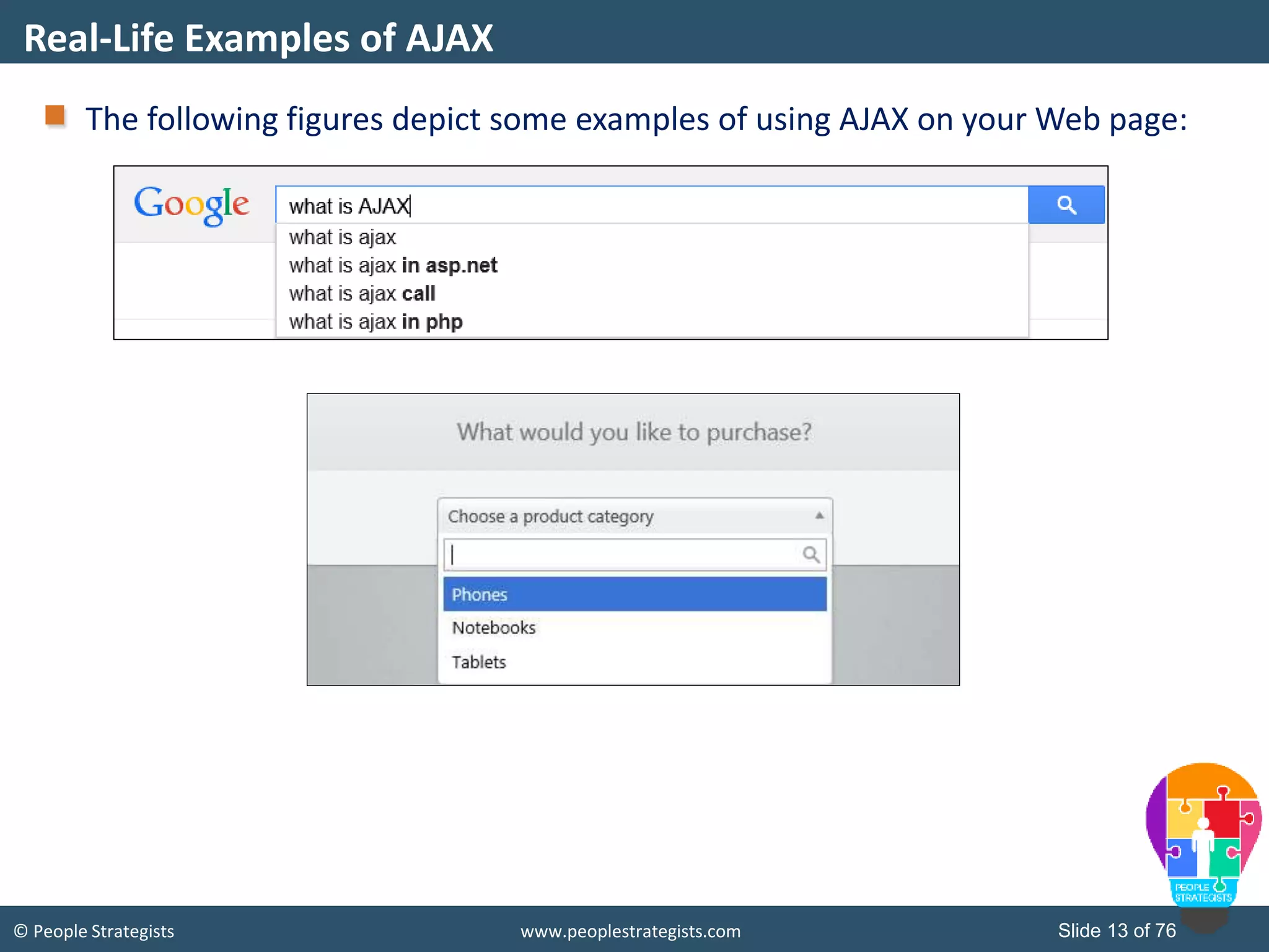 © People Strategists www.peoplestrategists.com Slide 13 of 76
The following figures depict some examples of using AJAX on your Web page:
Real-Life Examples of AJAX
 