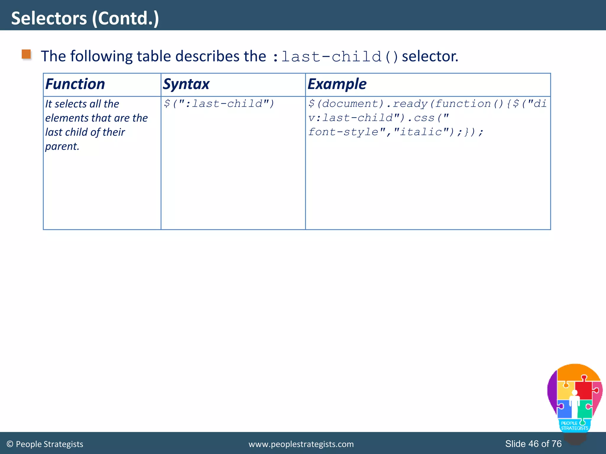 © People Strategists www.peoplestrategists.com Slide 46 of 76
The following table describes the :last-child()selector.
Selectors (Contd.)
Function Syntax Example
It selects all the
elements that are the
last child of their
parent.
$(":last-child") $(document).ready(function(){$("di
v:last-child").css("
font-style","italic");});
 