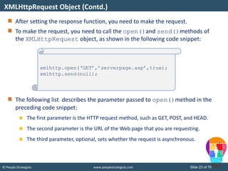 © People Strategists www.peoplestrategists.com Slide 23 of 76
After setting the response function, you need to make the request.
To make the request, you need to call the open()and send()methods of
the XMLHttpRequest object, as shown in the following code snippet:
The following list describes the parameter passed to open()method in the
preceding code snippet:
The first parameter is the HTTP request method, such as GET, POST, and HEAD.
The second parameter is the URL of the Web page that you are requesting.
The third parameter, optional, sets whether the request is asynchronous.
XMLHttpRequest Object (Contd.)
xmlhttp.open(‘GET’,’serverpage.asp’,true);
xmlhttp.send(null);
 