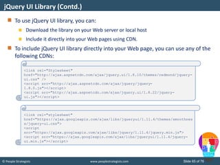 © People Strategists www.peoplestrategists.com Slide 65 of 76
To use jQuery UI library, you can:
Download the library on your Web server or local host
Include it directly into your Web pages using CDN.
To include jQuery UI library directly into your Web page, you can use any of the
following CDNs:
jQuery UI Library (Contd.)
<link rel="Stylesheet"
href="http://ajax.aspnetcdn.com/ajax/jquery.ui/1.8.10/themes/redmond/jquery-
ui.css" />
<script src="http://ajax.aspnetcdn.com/ajax/jquery/jquery-
1.8.0.js"></script>
<script src="http://ajax.aspnetcdn.com/ajax/jquery.ui/1.8.22/jquery-
ui.js"></script>
<link rel="stylesheet"
href="https://ajax.googleapis.com/ajax/libs/jqueryui/1.11.4/themes/smoothnes
s/jquery-ui.css">
<script
src="https://ajax.googleapis.com/ajax/libs/jquery/1.11.4/jquery.min.js">
<script src="https://ajax.googleapis.com/ajax/libs/jqueryui/1.11.4/jquery-
ui.min.js"></script>
 