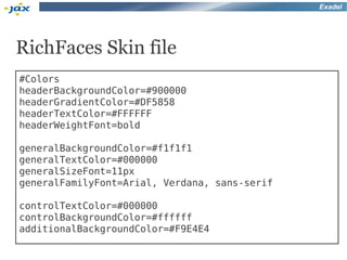 Exadel




RichFaces Skin file
#Colors
headerBackgroundColor=#900000
headerGradientColor=#DF5858
headerTextColor=#FFFFFF
headerWeightFont=bold

generalBackgroundColor=#f1f1f1
generalTextColor=#000000
generalSizeFont=11px
generalFamilyFont=Arial, Verdana, sans-serif

controlTextColor=#000000
controlBackgroundColor=#ffffff
additionalBackgroundColor=#F9E4E4
 