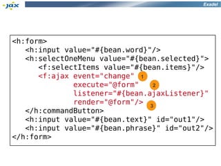 Exadel




<h:form>
   <h:input value="#{bean.word}"/>
   <h:selectOneMenu value="#{bean.selected}">
      <f:selectItems value="#{bean.items}"/>
      <f:ajax event="change" 1
              execute="@form"   2
              listener="#{bean.ajaxListener}"
              render="@form"/> 3
   </h:commandButton>
   <h:input value="#{bean.text}" id="out1"/>
   <h:input value="#{bean.phrase}" id="out2"/>
</h:form>
 