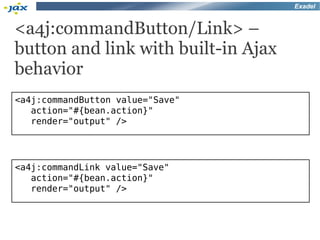 Exadel


<a4j:commandButton/Link> –
button and link with built-in Ajax
behavior
<a4j:commandButton value="Save"
   action="#{bean.action}"
   render="output" />




<a4j:commandLink value="Save"
   action="#{bean.action}"
   render="output" />
 