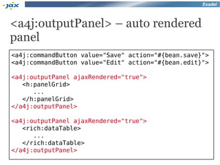 Exadel



<a4j:outputPanel> – auto rendered
panel
<a4j:commandButton value="Save" action="#{bean.save}">
<a4j:commandButton value="Edit" action="#{bean.edit}">

<a4j:outputPanel ajaxRendered="true">
   <h:panelGrid>
      ...
   </h:panelGrid>
</a4j:outputPanel>

<a4j:outputPanel ajaxRendered="true">
   <rich:dataTable>
      ...
   </rich:dataTable>
</a4j:outputPanel>
 