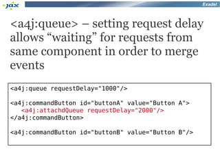 Exadel



<a4j:queue> – setting request delay
allows “waiting” for requests from
same component in order to merge
events
<a4j:queue requestDelay="1000"/>

<a4j:commandButton id="buttonA" value="Button A">
   <a4j:attachdQueue requestDelay="2000"/>
</a4j:commandButton>

<a4j:commandButton id="buttonB" value="Button B"/>
 