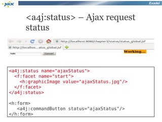 Exadel



      <a4j:status> – Ajax request
      status



<a4j:status name="ajaxStatus">
  <f:facet name="start">
    <h:graphicImage value="ajaxStatus.jpg"/>
  </f:facet>
</a4j:status>

<h:form>
   <a4j:commandButton status="ajaxStatus"/>
</h:form>
 