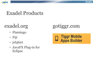 Exadel




Exadel Products

exadel.org                 gotiggr.com
  ◦   Flamingo
  ◦   Fiji
  ◦   jsf4birt
  ◦   JavaFX Plug-in for
      Eclipse
 