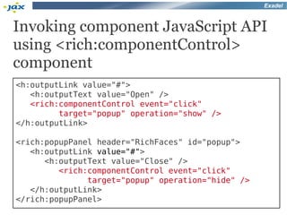 Exadel



Invoking component JavaScript API
using <rich:componentControl>
component
<h:outputLink value="#">
   <h:outputText value="Open" />
   <rich:componentControl event="click"
         target="popup" operation="show" />
</h:outputLink>

<rich:popupPanel header="RichFaces" id="popup">
   <h:outputLink value="#">
      <h:outputText value="Close" />
         <rich:componentControl event="click"
               target="popup" operation="hide" />
   </h:outputLink>
</rich:popupPanel>
 