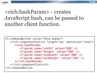 Exadel




<rich:hashParam> - creates
JavaScript hash, can be passed to
another client function.

<h:commandButton value="Show popup">
   <rich:componentControl target="pp" operation="show">
      <rich:hashParam>
         <f:param name="width" value="500" />
         <f:param name="height" value="300" />
         <f:param name="minWidth" value="300" />
         <f:param name="minHeight" value="150" />
      </rich:hashParam>
   </rich:componentControl>
</h:commandButton
 