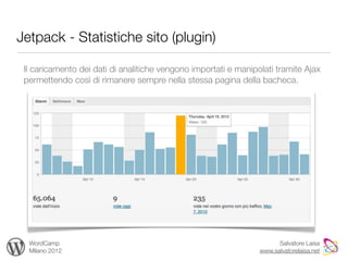 Jetpack - Statistiche sito (plugin)

 Il caricamento dei dati di analitiche vengono importati e manipolati tramite Ajax
 permettendo così di rimanere sempre nella stessa pagina della bacheca.




  WordCamp                                                             Salvatore Laisa
  Milano 2012                                                    www.salvatorelaisa.net
 