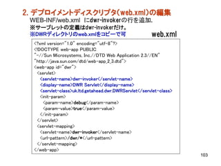 2. デプロイメントディスクリプタ（web.xml）の編集
 WEB-INF/web.xml にdwr-invokerの行を追加.
 ※サーブレットの定義はdwr-invokerだけ。
 ※DWRディレクトリのweb.xmlをコピーで可                               web.xml
  <?xml version="1.0" encoding="utf-8"?>
  <!DOCTYPE web-app PUBLIC
  "-//Sun Microsystems, Inc.//DTD Web Application 2.3//EN"
  "http://java.sun.com/dtd/web-app_2_3.dtd">
  <web-app id="dwr">
   <servlet>
     <servlet-name>dwr-invoker</servlet-name>
     <display-name>DWR Servlet</display-name>
     <servlet-class>uk.ltd.getahead.dwr.DWRServlet</servlet-class>
     <init-param>
       <param-name>debug</param-name>
       <param-value>true</param-value>
     </init-param>
   </servlet>
   <servlet-mapping>
     <servlet-name>dwr-invoker</servlet-name>
     <url-pattern>/dwr/*</url-pattern>
   </servlet-mapping>
  </web-app>
                                                                     103
 