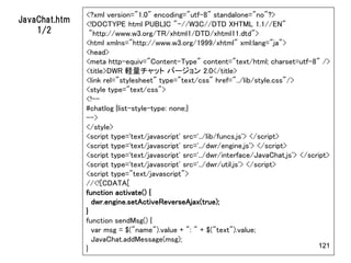 <?xml version="1.0" encoding="utf-8" standalone="no"?>
JavaChat.htm   <!DOCTYPE html PUBLIC "-//W3C//DTD XHTML 1.1//EN"
    1/2          "http://www.w3.org/TR/xhtml1/DTD/xhtml11.dtd">
               <html xmlns="http://www.w3.org/1999/xhtml" xml:lang="ja">
               <head>
               <meta http-equiv="Content-Type" content="text/html; charset=utf-8" />
               <title>DWR 軽量チャット バージョン 2.0</title>
               <link rel="stylesheet" type="text/css" href="../lib/style.css"/>
               <style type="text/css">
               <!--
               #chatlog {list-style-type: none;}
               -->
               </style>
               <script type='text/javascript' src='../lib/funcs.js'> </script>
               <script type='text/javascript' src='../dwr/engine.js'> </script>
               <script type='text/javascript' src='../dwr/interface/JavaChat.js'> </script>
               <script type='text/javascript' src='../dwr/util.js'> </script>
               <script type="text/javascript">
               //<![CDATA[
               function activate() {
                  dwr.engine.setActiveReverseAjax(true);
               }
               function sendMsg() {
                  var msg = $("name").value + ": " + $("text").value;
                  JavaChat.addMessage(msg);
               }                                                                        121
 