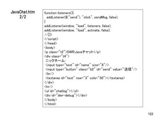 JavaChat.htm   function listeners(){
    2/2           addListener($("send"), "click", sendMsg, false);
               }
               addListener(window, "load", listeners, false);
               addListener(window, "load", activate, false);
               //]]>
               </script>
               </head>
               <body>
               <p class="t2">DWR:Javaチャット</p>
               <div class="t4">
                 ニックネーム：
                 <input type="text" id="name" size="8"/>
                 <input type="button" class="b2" id="send" value="送信"/>
                 <br/>
                 <textarea id="text" row="3" cols="50"></textarea>
               </div>
               <hr/>
               <ul id="chatlog"></ul>
               <div id="dwr-debug"></div>
               </body>
               </html>

                                                                          122
 