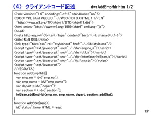 （４） クライアントコード記述                                    dwrAddEmpHdr.htm 1/2
<?xml version="1.0" encoding="utf-8" standalone="no"?>
<!DOCTYPE html PUBLIC "-//W3C//DTD XHTML 1.1//EN"
  "http://www.w3.org/TR/xhtml1/DTD/xhtml11.dtd">
<html xmlns="http://www.w3.org/1999/xhtml" xml:lang="ja">
<head>
<meta http-equiv="Content-Type" content="text/html; charset=utf-8">
<title>社員登録</title>
<link type="text/css" rel="stylesheet" href="../../lib/style.css"/>
<script type="text/javascript" src="../../dwr/engine.js"></script>
<script type="text/javascript" src="../../dwr/util.js"></script>
<script type="text/javascript" src="../../dwr/interface/hrBean.js"></script>
<script type="text/javascript" src="../../lib/funcs.js"></script>
<script type="text/javascript">
//<![CDATA[
function addEmpHdr(){
  var emp_no = idv("emp_no");
  var emp_name = idv("emp_name");
  var depart = idv("depart");
  var section = + idv("section");
  hrBean.addEmpHdr(emp_no, emp_name, depart, section, addStat);
}
function addStat(resp){
  id("status").innerHTML = resp;
}                                                                              131
 