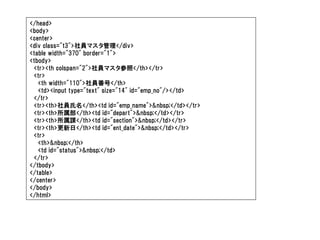 </head>
<body>
<center>
<div class="t3">社員マスタ管理</div>
<table width="370" border="1">
<tbody>
 <tr><th colspan="2">社員マスタ参照</th></tr>
 <tr>
   <th width="110">社員番号</th>
   <td><input type="text" size="14" id="emp_no"/></td>
 </tr>
 <tr><th>社員氏名</th><td id="emp_name">&nbsp;</td></tr>
 <tr><th>所属部</th><td id="depart">&nbsp;</td></tr>
 <tr><th>所属課</th><td id="section">&nbsp;</td></tr>
 <tr><th>更新日</th><td id="ent_date">&nbsp;</td></tr>
 <tr>
   <th>&nbsp;</th>
   <td id="status">&nbsp;</td>
 </tr>
</tbody>
</table>
</center>
</body>
</html>
 