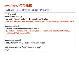 prototype.jsでの通信
revClass1.js(prototype.js：Ajax.Request)
//<![CDATA[
function revClass1(){
  var set = "class1_code=" + $("class1_code").value;
  new Ajax.Request('revClass1.php', {method:'get', onComplete:out, parameters:set});
}
function out(get){
  var row = get.responseText.split("<i>");
  $("status", "class1_name", "class1_desc", "class1_date").each(function(obj){
    obj.innerHTML = row.shift();
  });
}
function listeners(){
  addListener($("rev"), "click", revClass1, false);
}
addListener(window, "load", listeners, false);
//]]>
 