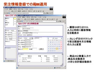 受注情報登録でのAjax適用




                 ←顧客IDまたはTEL
                 入力と同時に顧客情報
                 を自動表示

                 ←カレンダ日付けクリック
                 で受注関連年月日情報
                 の入力と変更



                 ←商品IDと数量入力で
                 -商品名自動表示
                 -小計と合計額自動表示
 