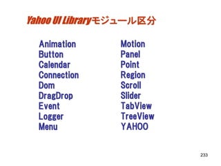 Yahoo UI Library モジュール区分

  Animation      Motion
  Button         Panel
  Calendar       Point
  Connection     Region
  Dom            Scroll
  DragDrop       Slider
  Event          TabView
  Logger         TreeView
  Menu           YAHOO


                            233
 