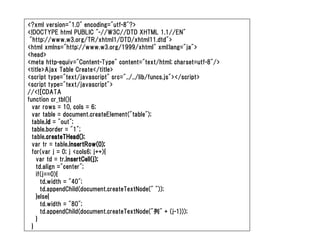 <?xml version="1.0" encoding="utf-8"?>
<!DOCTYPE html PUBLIC "-//W3C//DTD XHTML 1.1//EN"
 "http://www.w3.org/TR/xhtml1/DTD/xhtml11.dtd">
<html xmlns="http://www.w3.org/1999/xhtml" xml:lang="ja">
<head>
<meta http-equiv="Content-Type" content="text/html; charset=utf-8"/>
<title>Ajax Table Create</title>
<script type="text/javascript" src="../../lib/funcs.js"></script>
<script type="text/javascript">
//<![CDATA
function cr_tbl(){
  var rows = 10, cols = 6;
  var table = document.createElement("table");
  table.id = "out";
  table.border = "1";
  table.createTHead();
  var tr = table.insertRow(0);
  for(var j = 0; j <cols6; j++){
    var td = tr.insertCell(j);
    td.align ="center";
    if(j==0){
      td.width = "40";
      td.appendChild(document.createTextNode(" "));
    }else{
      td.width = "80";
      td.appendChild(document.createTextNode("列" + (j-1)));
    }
  }
 