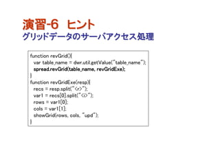 演習-６ ヒント
グリッドデータのサーバアクセス処理

 function revGrid(){
   var table_name = dwr.util.getValue("table_name");
   spread.revGrid(table_name, revGridExe);
 }
 function revGridExe(resp){
   recs = resp.split("<r>");
   var1 = recs[0].split("<i>");
   rows = var1[0];
   cols = var1[1];
   showGrid(rows, cols, "upd");
 }
 