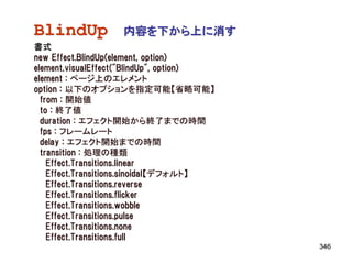 BlindUp            内容を下から上に消す
書式
new Effect.BlindUp(element, option)
element.visualEffect("BlindUp", option)
element : ページ上のエレメント
option : 以下のオプションを指定可能【省略可能】
  from : 開始値
  to : 終了値
  duration : エフェクト開始から終了までの時間
  fps : フレームレート
  delay : エフェクト開始までの時間
  transition : 処理の種類
    Effect.Transitions.linear
    Effect.Transitions.sinoidal【デフォルト】
    Effect.Transitions.reverse
    Effect.Transitions.flicker
    Effect.Transitions.wobble
    Effect.Transitions.pulse
    Effect.Transitions.none
    Effect.Transitions.full
                                          346
 