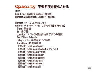 Opacity              不透明度を変化させる
書式
new Effect.Opacity(element, option)
element.visualEffect("Opacity", option)

element : ページ上のエレメント
option : 以下のオプションを指定可能【省略可能】
  from : 開始値
  to : 終了値
  duration : エフェクト開始から終了までの時間
  fps : フレームレート
  delay : エフェクト開始までの時間
  transition : 処理の種類
    Effect.Transitions.linear
    Effect.Transitions.sinoidal【デフォルト】
    Effect.Transitions.reverse
    Effect.Transitions.flicker
    Effect.Transitions.wobble
    Effect.Transitions.pulse
    Effect.Transitions.none
    Effect.Transitions.full
                                          367
 