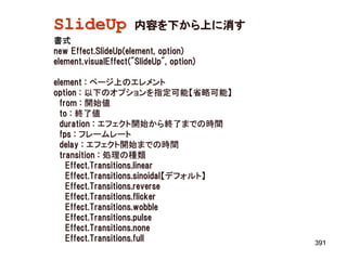 SlideUp               内容を下から上に消す
書式
new Effect.SlideUp(element, option)
element.visualEffect("SlideUp", option)

element : ページ上のエレメント
option : 以下のオプションを指定可能【省略可能】
  from : 開始値
  to : 終了値
  duration : エフェクト開始から終了までの時間
  fps : フレームレート
  delay : エフェクト開始までの時間
  transition : 処理の種類
    Effect.Transitions.linear
    Effect.Transitions.sinoidal【デフォルト】
    Effect.Transitions.reverse
    Effect.Transitions.flicker
    Effect.Transitions.wobble
    Effect.Transitions.pulse
    Effect.Transitions.none
    Effect.Transitions.full               391
 