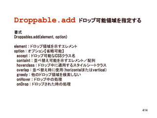 Droppable.add                     ドロップ可能領域を指定する

書式
Droppables.add(element, option)

element : ドロップ領域を示すエレメント
option : オプション【省略可能】
  accept : ドロップ可能なCSSクラス名
  containt : 並べ替え可能を示すエレメント／配列
  hoverclass : ドロップ中に適用するスタイルシートクラス
  overlap : 並べ替え時に使用（horizontalまたはvertical）
  greedy : 他のドロップ領域を検索しない
  onHover : ドロップ中の処理
  onDrop : ドロップされた時の処理




                                                  414
 