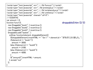 <script type="text/javascript" src="../../lib/funcs.js"></script>
<script type="text/javascript" src="../lib/prototype.js"></script>
<script type="text/javascript" src="../../lib/scriptaculous.js"></script>
<script type="text/javascript" src="../../lib/unittest.js"></script>
<script type="text/javascript" charset="utf-8">
//<![CDATA[
var amount = 0;
function func1(){                                                  droppable3.htm (2/3)
  new Draggable("book1", { revert:true });
  new Draggable("book2", { revert:true });
  new Draggable("book3", { revert:true });
  Droppables.add("basket", {
    onDrop: function(element, droppableElement){
       $(droppableElement).innerHTML += "<br/>" + element.id + "がカゴに入りました。";
       if(element.id == "book1"){
         amount += 3050;
       }else if(element.id == "book2"){
         amount += 2100;
       }else if(element.id == "book3"){
         amount += 4200;
       }
       $("amount2").innerHTML = amount;
    }, accept:"out"
  });
}
 