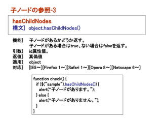 子ノードの参照-3
hasChildNodes
構文] object.hasChildNodes()

機能]   子ノードがあるかどうか返す。
      子ノードがある場合はtrue、ない場合はfalseを返す。
引数]   id属性値。
返値]   真偽値
適用]   object
対応]   [IE5～][Firefox 1～][Safari 1～][Opera 8～][Netscape 6～]

        function check() {
          if ($("sample").hasChildNodes()) {
            alert(“子ノードがあります。”);
          } else {
            alert(“子ノードがありません。”);
          }
        }
 