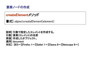 要素ノードの作成

createElementメソッド
書式] object.createElement(element)


説明]   引数で指定したエレメントを作成する。
引数]   要素(エレメント)の名前
戻値]   作成したオブジェクト。
適用]   document
対応]    [IE5～][Firefox 1～][Safari 1～][Opera 8～][Netscape 6～]
 
