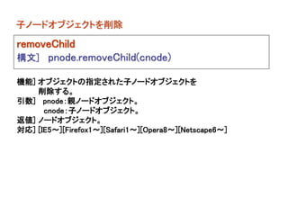 子ノードオブジェクトを削除

removeChild
構文] pnode.removeChild(cnode)

機能] オブジェクトの指定された子ノードオブジェクトを
    削除する。
引数] pnode：親ノードオブジェクト。
      cnode：子ノードオブジェクト。
返値] ノードオブジェクト。
対応] [IE5～][Firefox1～][Safari1～][Opera8～][Netscape6～]
 