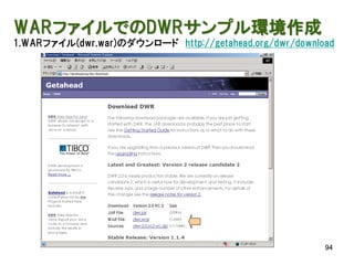 WARファイルでのDWRサンプル環境作成
1.WARファイル(dwr.war)のダウンロード http://getahead.org/dwr/download




                                                        94
 